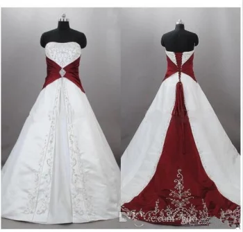 2020 new Strapless Satin Embroidery Red And White Wedding Dresses Zuhair Murad Lace Up With Sweep Train Bridal Wedding Gowns Custom Made
